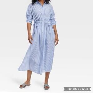 Universal Thread Women's Long Sleeve Cinch Waist Maxi Shirtdress Blue White XXL